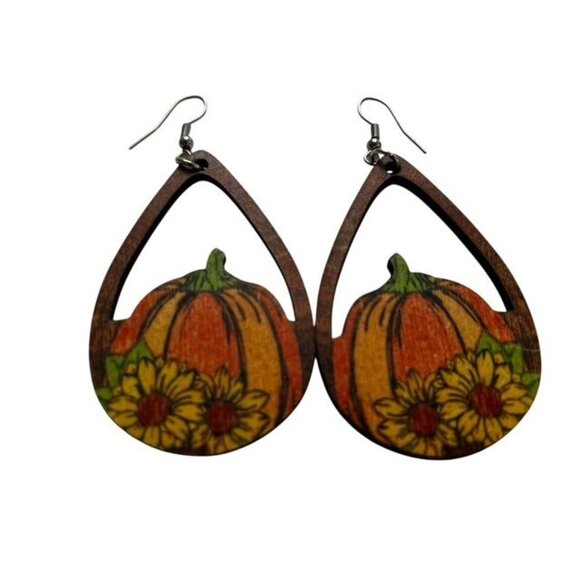 Wooden Teardrop Pumpkin and Sunflower Earrings - Picture 2 of 2